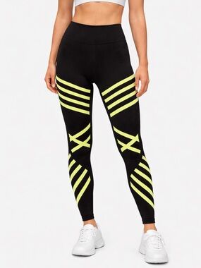 ALO YOGA High Waist Leggings Black Neon Yellow Striped Athletic Pants Size M
